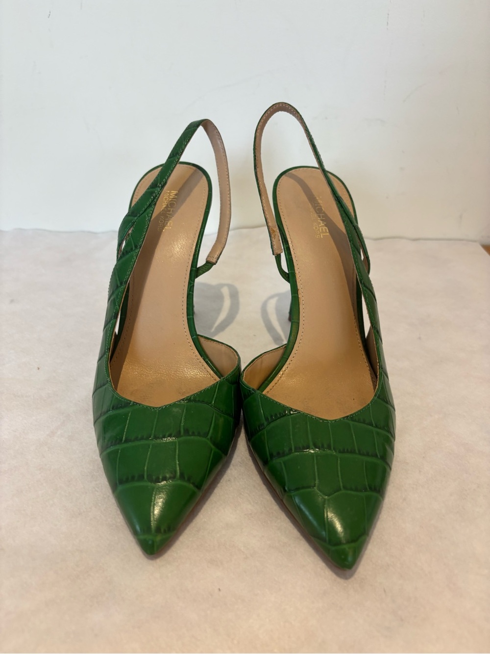 Michael Kors Green Croc-Embossed Pointed Slingback Pumps